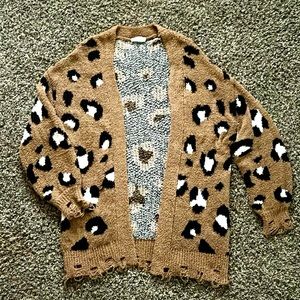 New In Cheetah Animal Print Brown Long Open Distressed Sweater Cardigan, Medium